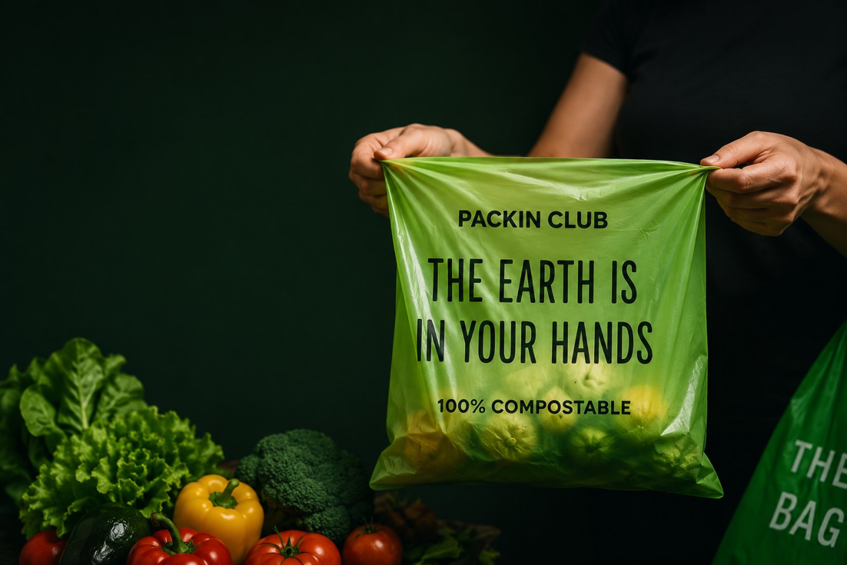 PackinClub certified compostable veggie bag with fresh vegetables