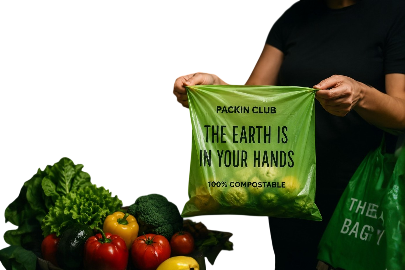 PackinClub certified compostable veggie bag with fresh vegetables