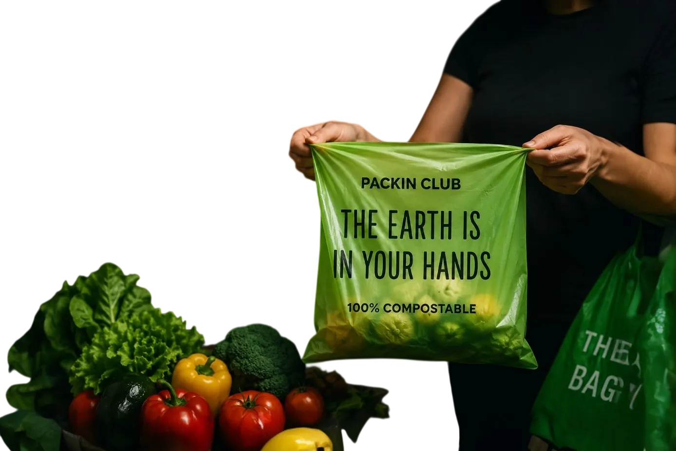 PackinClub certified compostable veggie bag with fresh vegetables