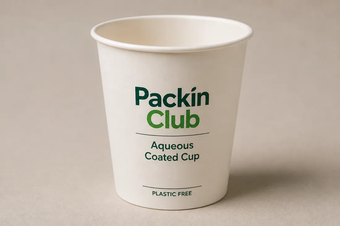 White Packin Club aqueous coated paper cup labelled plastic free