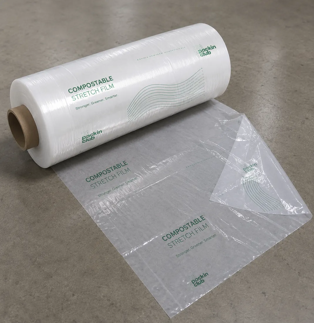 Roll of Packin Club compostable stretch film being unrolled on a concrete floor