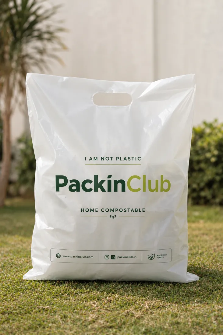 White D-cut compostable shopping bag with Packin Club print standing on grass