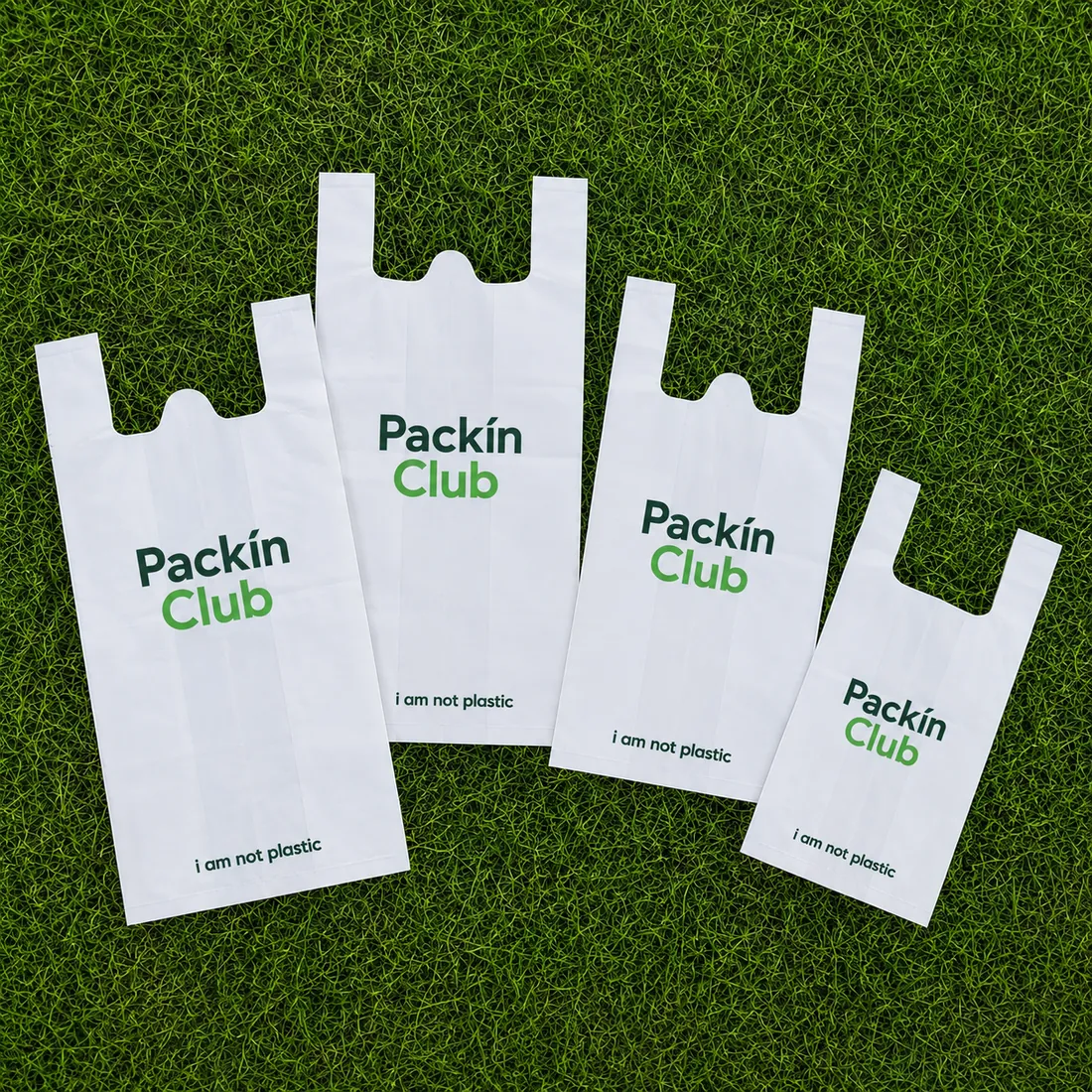 Four sizes of white W-cut compostable carry bags laid on grass, printed Packin Club