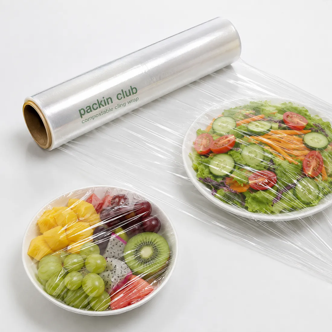 Roll of Packin Club compostable cling film, with the film covering bowls of fruit and salad