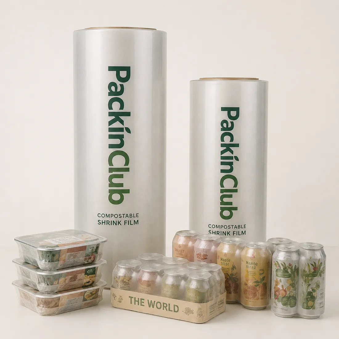 Tall rolls of Packin Club compostable shrink film beside shrink-wrapped food trays and canned drinks
